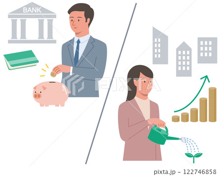 銀行に貯蓄をする男性と株式に投資する女性を比較したベクターイラスト 122746858