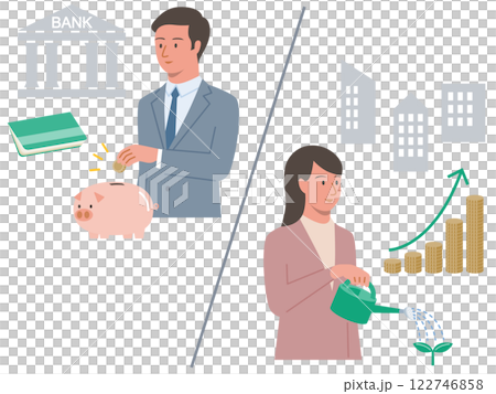銀行に貯蓄をする男性と株式に投資する女性を比較したベクターイラスト 122746858