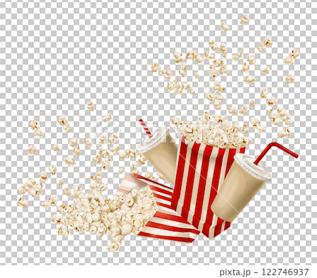 Popcorn flies in different directions. paper bag with red stripes. Classic retro style. Paper glasses for drinks. With lid and plastic straw. Watercolor illustration isolated from background. Popcorn flies in different directions. paper bag with red stripes. Classic retro style. Paper glasses for drinks. With lid and plastic straw. Watercolor illustration isolated from background. 122746937
