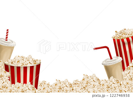 Popcorn crumbles and flies. corn in a paper bag. Drink in a paper glass with a lid and a red straw. Popcorn frame. Watercolor illustration without background. classic retro style with red stripes.  122746938