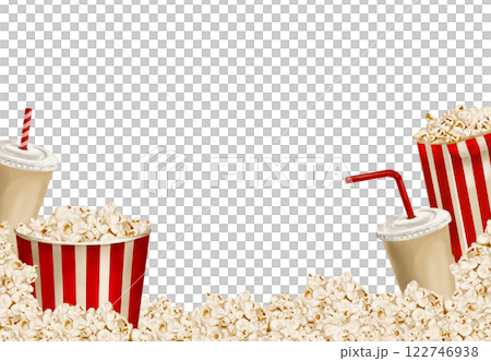 Popcorn crumbles and flies. corn in a paper bag. Drink in a paper glass with a lid and a red straw. Popcorn frame. Watercolor illustration without background. classic retro style with red stripes.  122746938