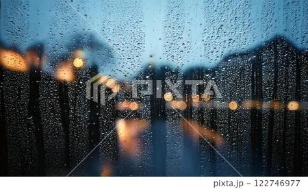 夕方に降る雨のガラス窓についた水滴・雨粒の背景素材 122746977