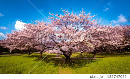 青空に咲く満開の桜の背景 122747023