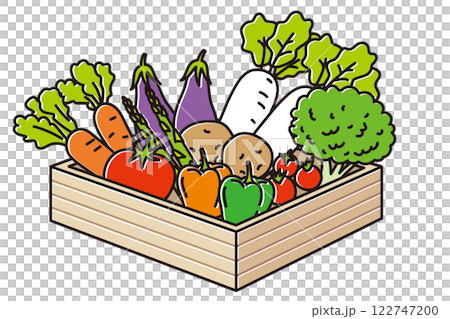 Illustration of a wooden mail order box filled with a variety of fresh vegetables Illustration of a wooden mail order box filled with a variety of fresh vegetables 122747200