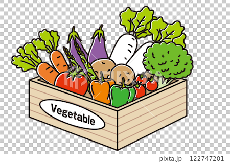 Illustration of a wooden mail order box filled with a variety of fresh vegetables 122747201