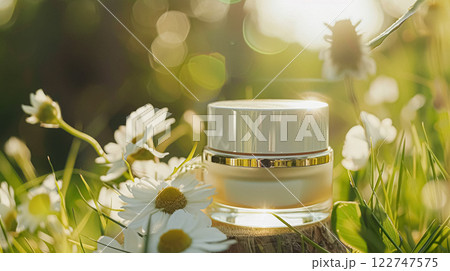 Cosmetic cream in a glass jar. Skin care concept. Background for beauty products 122747575
