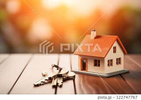 The key with mini house model on the table. Miniature real estate house for sale 122747767