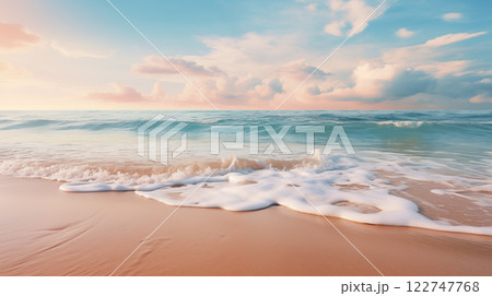 Tropical beach. Sunset on the sea waves. 122747768