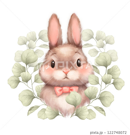 Cute bunny portrait with green leaves. Easter art print. Hand drawn bunny illustration. 122748072