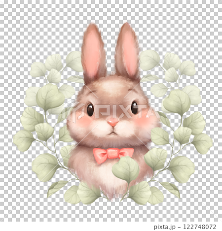 Cute bunny portrait with green leaves. Easter art print. Hand drawn bunny illustration. 122748072