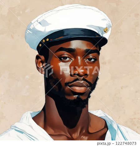 Black man in sailor attire, showcasing a strong presence against a neutral backdrop, embodying the spirit of maritime culture and adventure during a sunny day 122748073