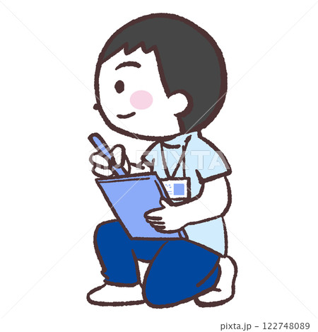しゃがんで記録する男性イラスト 122748089