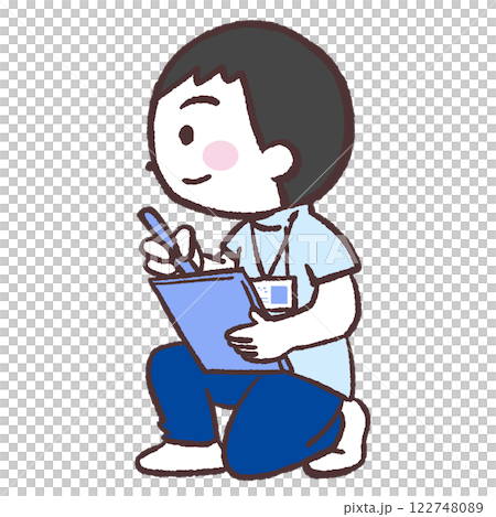 しゃがんで記録する男性イラスト 122748089