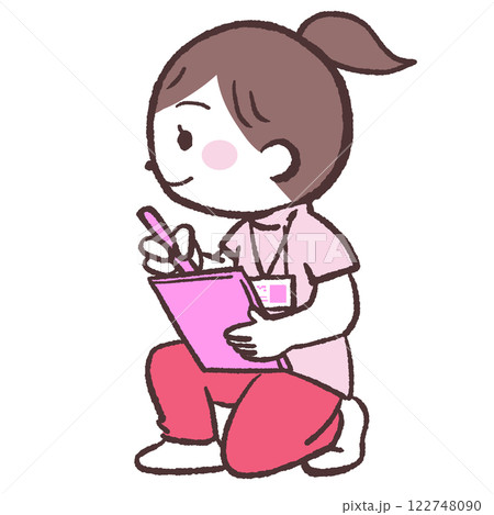 しゃがんで記録する女性イラスト 122748090