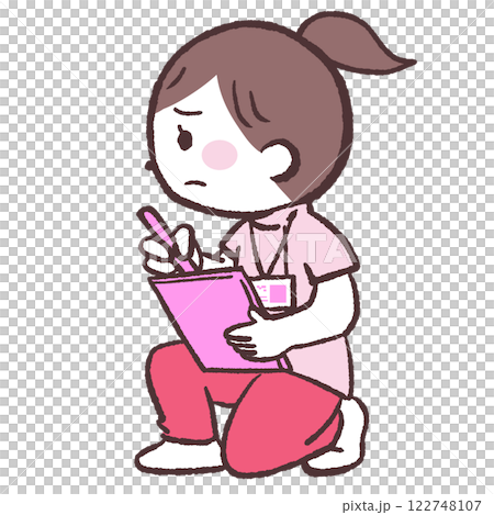 Illustration of a sad-looking woman squatting and recording Illustration of a sad-looking woman squatting and recording 122748107