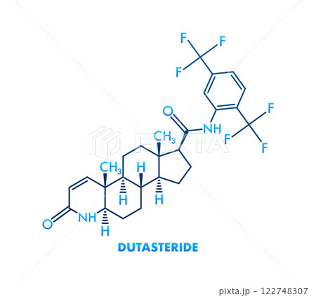 Dutasteride chemical formula, skeletal formula or structural formula showing atoms bonding by lines, balls and sticks model 122748307