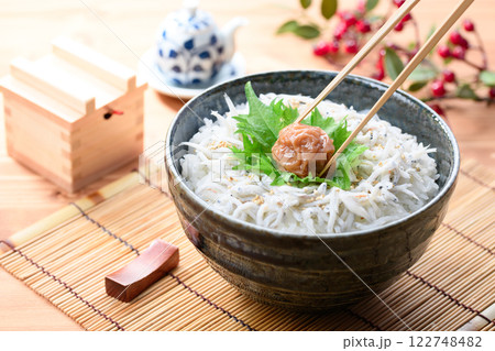 梅干しをのせた釜揚げしらす丼 122748482