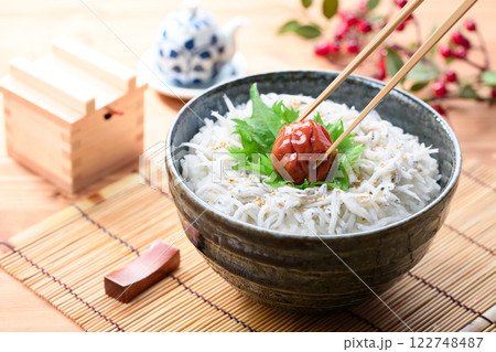 梅干しをのせた釜揚げしらす丼 122748487