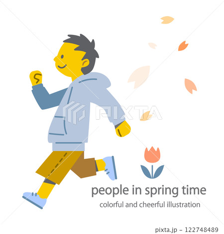 春を喜ぶ男の子　カラフルで楽しいフラットイラスト 122748489