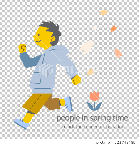 春を喜ぶ男の子　カラフルで楽しいフラットイラスト 122748489