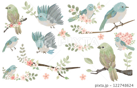 春のかわいい鳥と花のイラスト 122748624