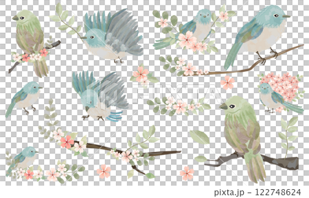 春のかわいい鳥と花のイラスト 122748624