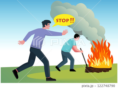Flat illustration. A man stops another man who is setting fire to garbage. Dust and smoke will damage the lungs. 122748790