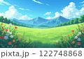 初夏の高原と雲に覆われた山並み 122748868