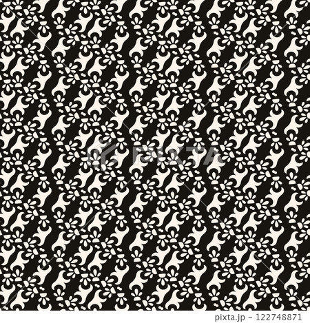 Vector black and white floral seamless pattern. Abstract minimal geometric ornament with flowers in oriental style. Simple monochrome background. 122748871