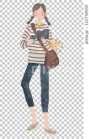 Illustration of a girl reading a book and studying on the way home from school (rustic watercolor touch) 122748930