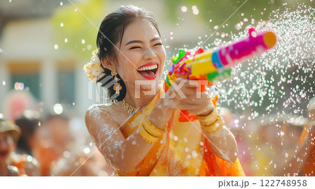 A group of people joyfully splash water on each other during Songkran Day. The concept of festivity, cultural tradition, and the spirit of renewal. Generative AI. A group of people joyfully splash water on each other during Songkran Day. The concept of festivity, cultural tradition, and the spirit of renewal. Generative AI. 122748958