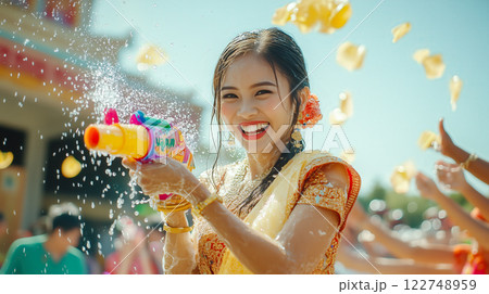 A group of people joyfully splash water on each other during Songkran Day. The concept of festivity, cultural tradition, and the spirit of renewal. Generative AI. A group of people joyfully splash water on each other during Songkran Day. The concept of festivity, cultural tradition, and the spirit of renewal. Generative AI. 122748959