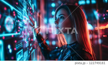 A modern lady interacts with futuristic technology, engaging with holographic displays. The concept of innovation, artificial intelligence, and the evolution of human-technology interaction.  122749181