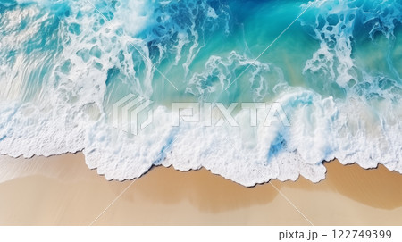 Aerial top view of beautiful tropical white sand beach. Summer seascape beautiful waves, blue sea water in sunny day. Top view from drone. 122749399