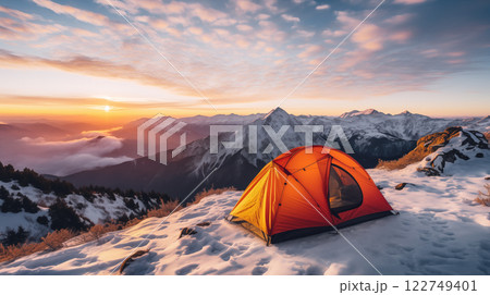 Tent on a snowy mountain. Mountains at sunrise 122749401