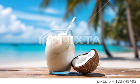 An opened coconut with a straw against a sandy tropical beach ocean background. 122749402
