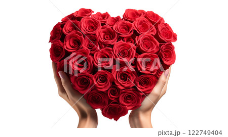 Heart of red roses. Bouquet of red roses in heart shape. 122749404