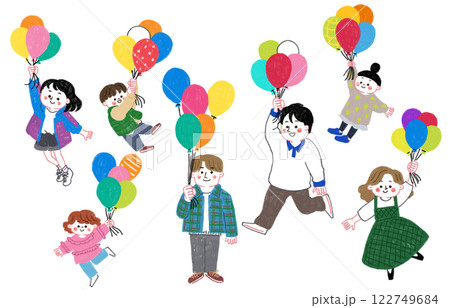 風船を持って飛んでいるいろんな年齢の人物のイラストセット 風船を持って飛んでいるいろんな年齢の人物のイラストセット 122749684