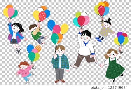 風船を持って飛んでいるいろんな年齢の人物のイラストセット 風船を持って飛んでいるいろんな年齢の人物のイラストセット 122749684