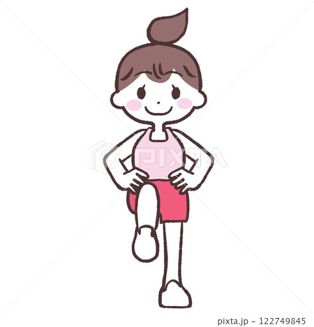 目を開け腰に手をあて片足上げする女性全身イラスト 122749845