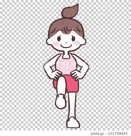 目を開け腰に手をあて片足上げする女性全身イラスト 122749845