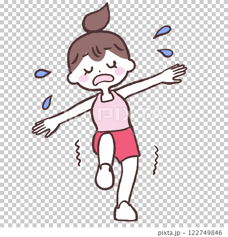 目を閉じ両手を広げよろよろと片足上げする女性全身イラスト 122749846