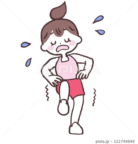 目を閉じ腰に手をあてよろよろ片足上げする女性全身イラスト 122749849