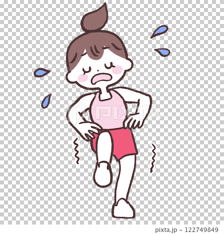 目を閉じ腰に手をあてよろよろ片足上げする女性全身イラスト 122749849