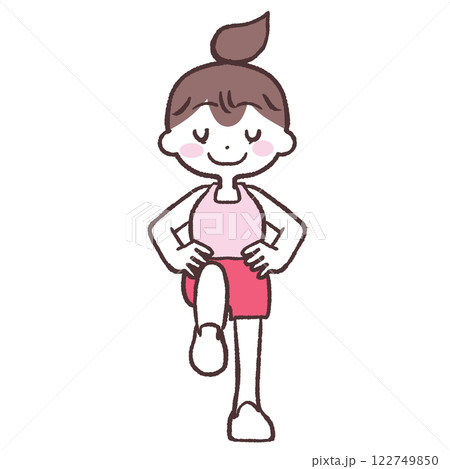 目を閉じ腰に手をあて片足上げをする女性全身イラスト 122749850