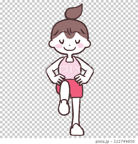 Full-body illustration of a woman with her eyes closed, hands on her hips and one leg raised 122749850