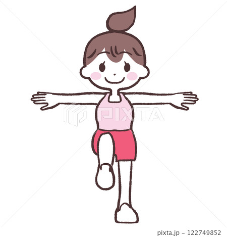 目を開け両手を広げ片足上げする女性全身イラスト 122749852