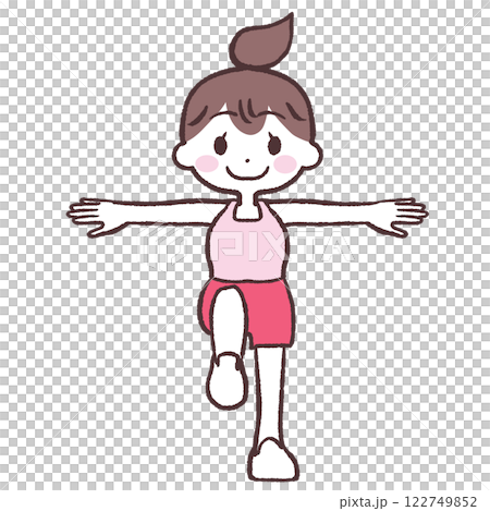 目を開け両手を広げ片足上げする女性全身イラスト 122749852