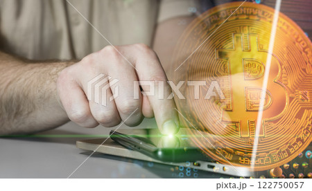 digital cryptocurrency: tapping a smartphone with a bitcoin icon and a blockchain visualization digital cryptocurrency: tapping a smartphone with a bitcoin icon and a blockchain visualization 122750057