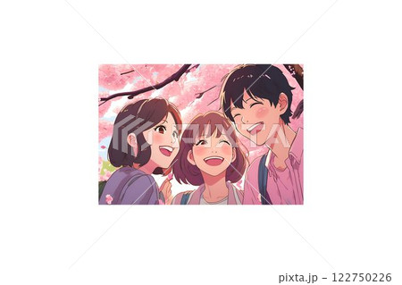 満開の桜の下で笑顔あふれる若者たち 122750226